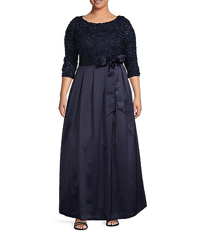 Jessica Howard Plus Size 3/4 Sleeve Scoop Neck Soutache Lace Sequin Bodice Satin Ballgown