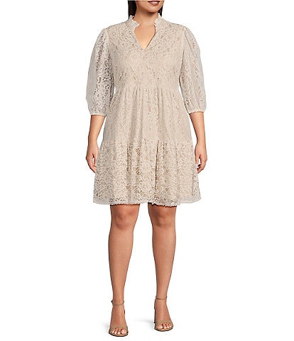 Jessica Howard Plus Size 3/4 Sleeve Ruffle Split V-Neck Tiered Skirt Lace A-Line Dress