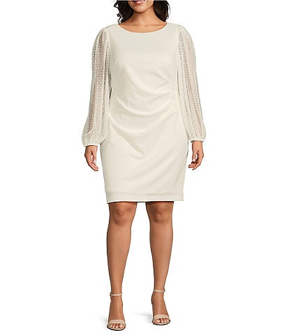 Jessica Howard Plus Size Boat Neck Long Dotted Illusion Sleeve Scuba Crepe Sheath Dress