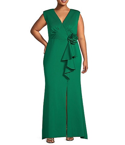 Jessica Howard Plus Size Cap Sleeve V-Neck Front Slit Dress