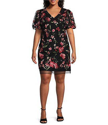 Jessica Howard Plus Size Embroidered Mesh V-Neck Bubble Sleeve Sheath Dress