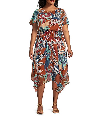 Jessica Howard Plus Size Floral Print Chiffon Blouson Dress