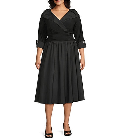 Jessica Howard Plus Size Jersey Taffeta 3/4 Sleeve Portrait Collar Ruched A-Line Midi Dress