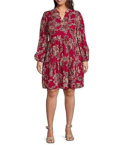 Jessica Howard Plus Size Long Sleeve V-Neck Printed Tiered Dress