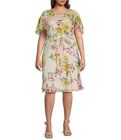 Jessica Howard Plus Size Short Flutter Sleeve Crew Neck Tie Waist Floral Chiffon Dress