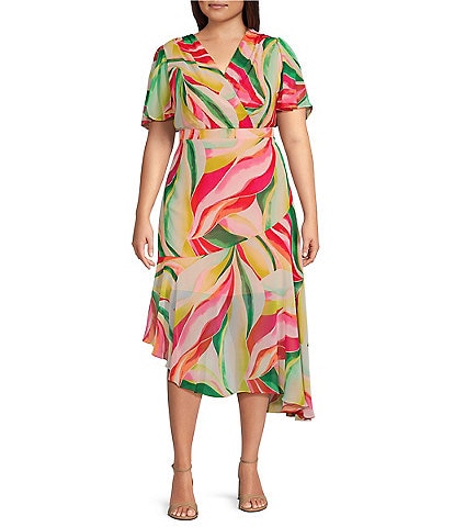 Jessica Howard Plus Size Short Flutter Sleeve V-Neck Asymmetrical Hem Printed Midi Dress