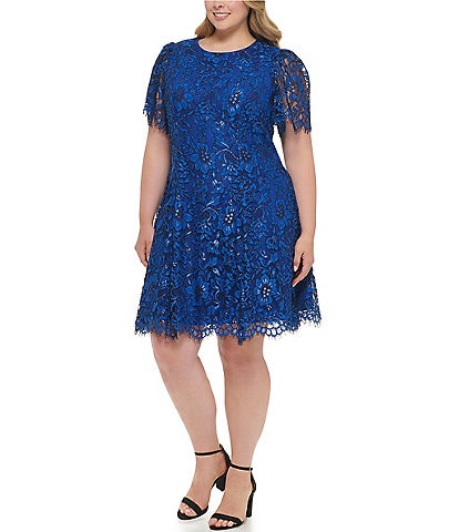 Jessica Howard Plus Size Short Sleeve Crew Neck Lace Fit And Flare Dress