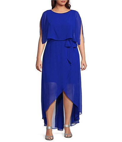 Jessica Howard Plus Size Short Sleeve Crew Neck Tie Waist Chiffon Hi-Low Maxi Dress