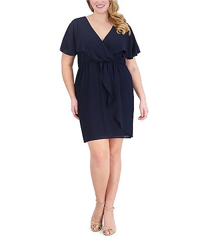 Jessica Howard Plus Size Short Sleeve V-Neck Chiffon Blouson Dress