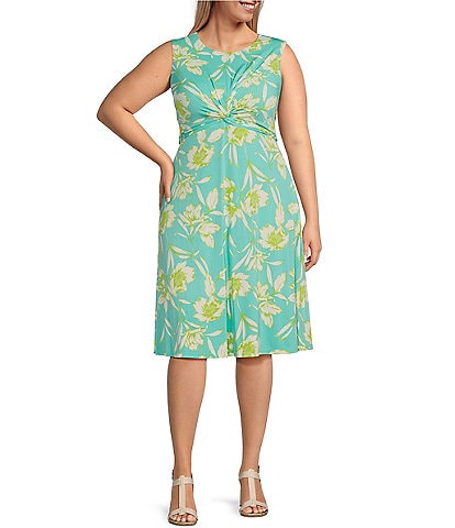 Jessica Howard Plus Size Sleeveless Crew Neck Front Twist Floral A-Line Dress