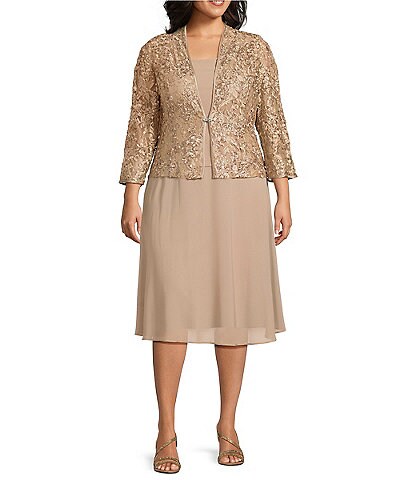 Jessica Howard Plus Size Soutache Chiffon Crew Neck 3/4 Sleeve Embellished Fit & Flare 2-Piece Jacket Dress