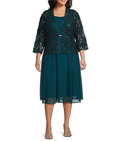 Jessica Howard Plus Size Soutache Chiffon Crew Neck 3/4 Sleeve Embellished Fit & Flare 2-Piece Jacket Dress