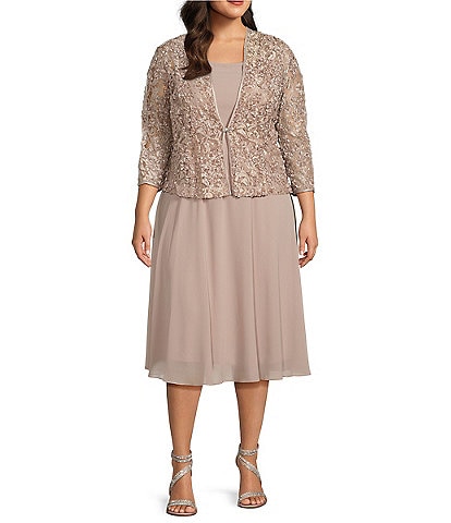 Jessica Howard Plus Size Soutache Mesh Chiffon 3/4 Sleeve 2-Piece Jacket Dress