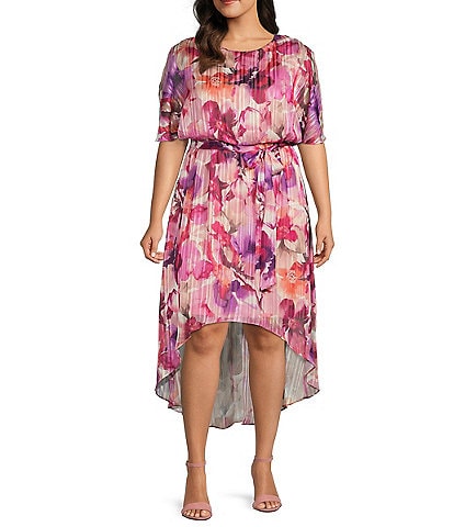 Jessica Howard Plus Size Split Short Sleeve Jewel Neck Floral Print Chiffon High-Low A-Line Midi Dress