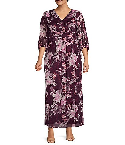 Jessica Howard Plus Size V-Neck Ruched Waist 3/4 Sleeve Floral Print Chiffon Maxi Dress