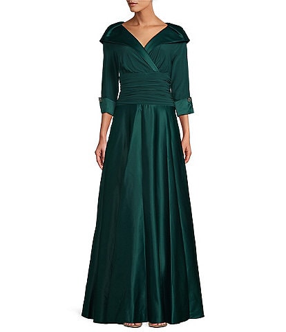 Jessica Howard Portrait Collar V-Neck 3/4 Sleeve Rhinestone Cuff Ruched Waist Satin Gown