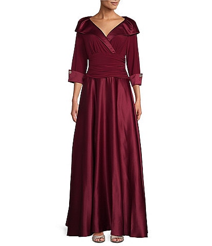 Jessica Howard Portrait Collar V-Neck 3/4 Sleeve Rhinestone Cuff Ruched Waist Satin Gown