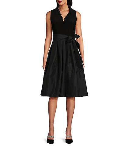 Jessica Howard Ruffle V-Neck Sleeveless Tie Waist Pleated Fit and Flare Dress