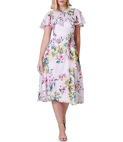 Jessica Howard Short Flutter Sleeve Shirred Crew Neck Tie Waist Floral Midi A-Line Dress