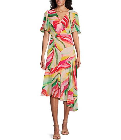 Jessica Howard Short Flutter Sleeve V-Neck Asymmetrical Hem Printed Faux Wrap Midi Dress