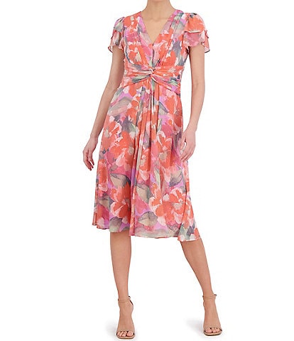 Jessica Howard Short Flutter Sleeve V-Neck Twist Waist Floral Midi Dress