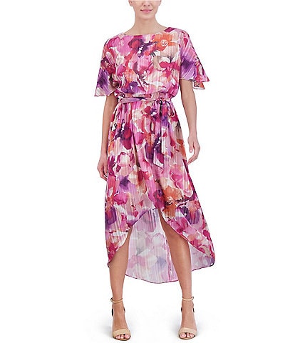 Jessica Howard Short Sleeve Crew Neck Tie Waist Floral High-Low Midi A-Line Dress