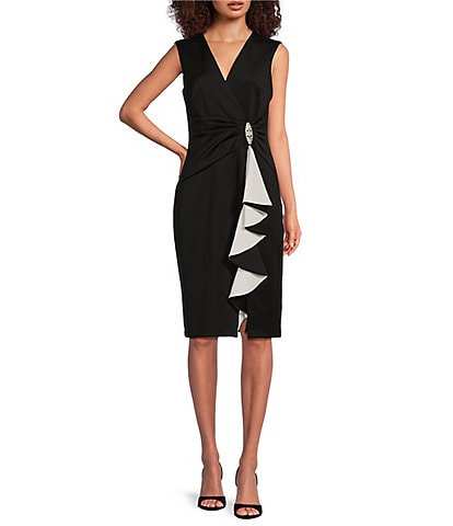 Jessica Howard Sleeveless V-Neck Front Ruffle Sheath Dress