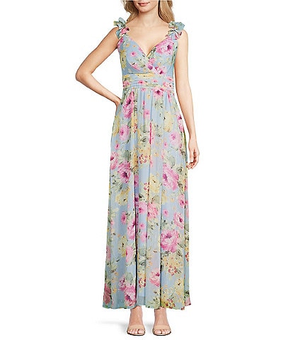 Jessica Howard Sleeveless V-Neck Ruffle Floral Chiffon Maxi Dress