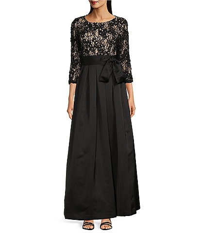 Jessica Howard Soutache Floral Lace Round Neck Sequin Bodice Satin 3/4 Sleeve Tie Belt Ball Gown