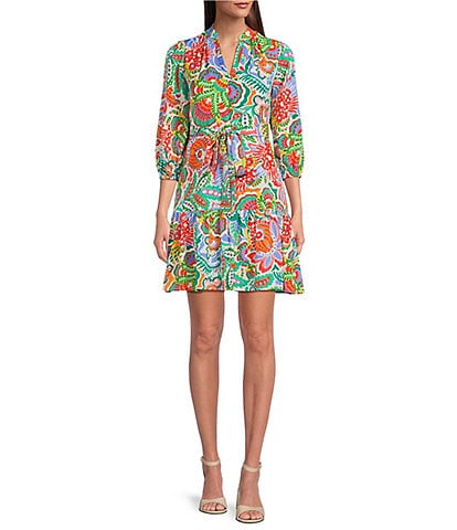 Jessica Howard Split V-Neck Floral Print 3/4 Sleeve A-Line Dress