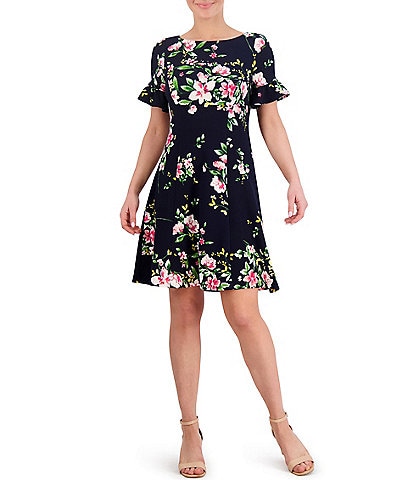 Jessica Howard Textured Knit Short Ruffle Sleeve Boat Neck Floral A-Line Dress