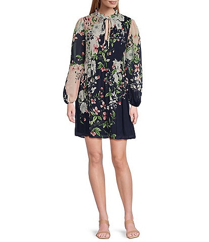 Jessica Howard Tie Split Neck Balloon Sleeve Pleated Chiffon Shift Dress