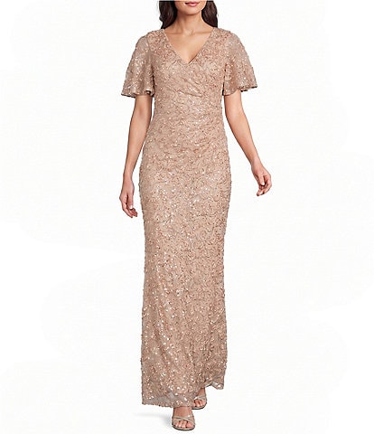 Jessica Howard V-Neck Flutter Sleeve Soutache Gown