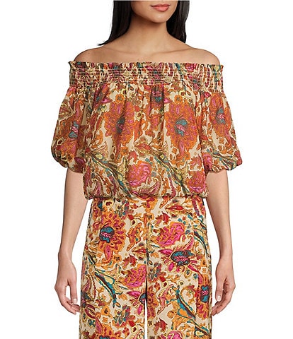 Jessica Simpson Alma Paisley Printed Off-The-Shoulder Puffed Sleeve Coordinating Blouse