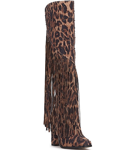 Jessica Simpson Asire Leopard Rhinestone Western Fringe Boots