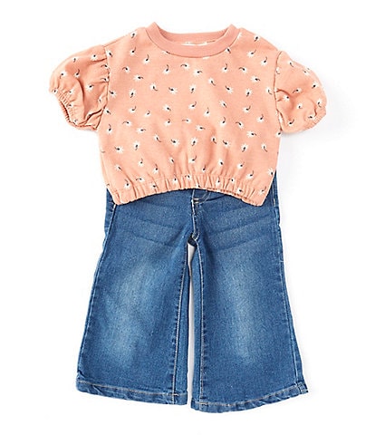 Jessica Simpson Baby Girls 12-24 Months Disty Florla French Terry Short Sleeve Top & Wide Leg Jeans