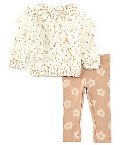 Jessica Simpson Baby Girls 12-24 Months Dotted Fringe-Trimmed Chenille Sweater & Flower-Printed Rib-Knit Leggings Set