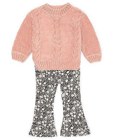 Jessica Simpson Baby Girls 12-24 Months Long Sleeve Cable Knit Sweater & Printed Flare Pants Set