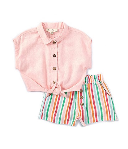 Jessica Simpson Baby Girls 12-24 Months Short Sleeve Button Down Linen Blend Top & Stripe Short Set