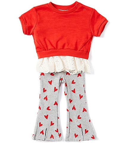 Jessica Simpson Baby Girls 12-24 Months Short Sleeve Valentine's Day Twofer Top & Heart Printed Flared Leg Pants Set