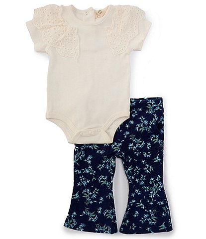 Jessica Simpson Baby Girls Newborn-9 Months Eyelet-Embroidered Sleeve Bodysuit & Printed Flare Leg Leggings Set