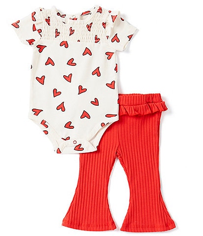 Jessica Simpson Baby Girls Newborn-9 Months Short Sleeve Valentine's Day Heart Printed Bodysuit & Solid Flare Leg Pants Set