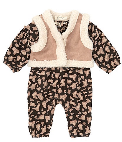 Jessica Simpson Baby Girls Newborn-9 Months Sleeveless Faux Fur Trimmed Vest & Printed Coveralls Set