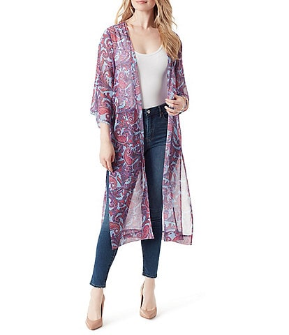 Jessica Simpson Blakely Paisley Printed 3/4 Sleeve Side Slit Long Kimono