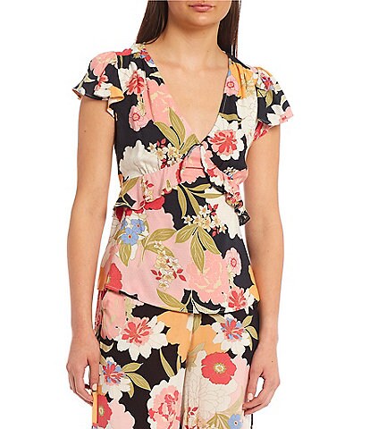 Jessica Simpson Coordinating Brooklyn Floral Print Flutter Sleeve Back Cut-Out Top
