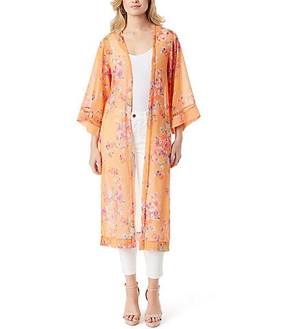 Jessica Simpson Caelan Floral Print 3/4 Sleeve Side Slit Hem Long Kimono