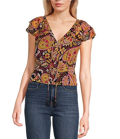 Jessica Simpson Dixie Large Floral Print Short Sleeve Cropped Blouse