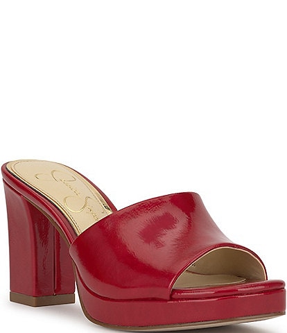Jessica Simpson Elyzza Patent Platform Block Heel Square Toe Slide Sandals