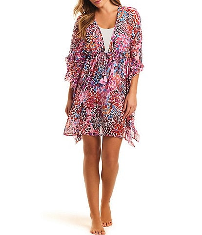 Jessica Simpson French Exit Chiffon Print Frill Side Swim Cover-Up