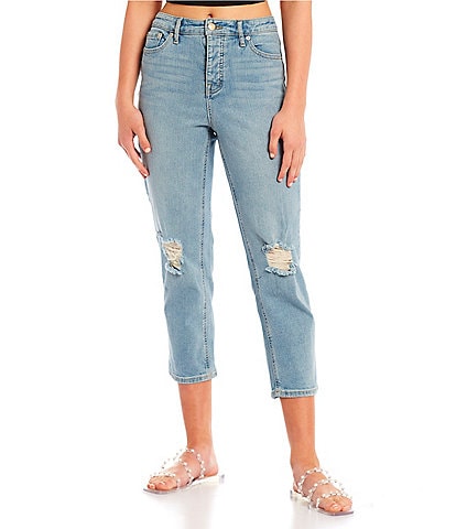 Jessica Simpson High Rise Throwback Distressed Knee Cropped Straight Jeans